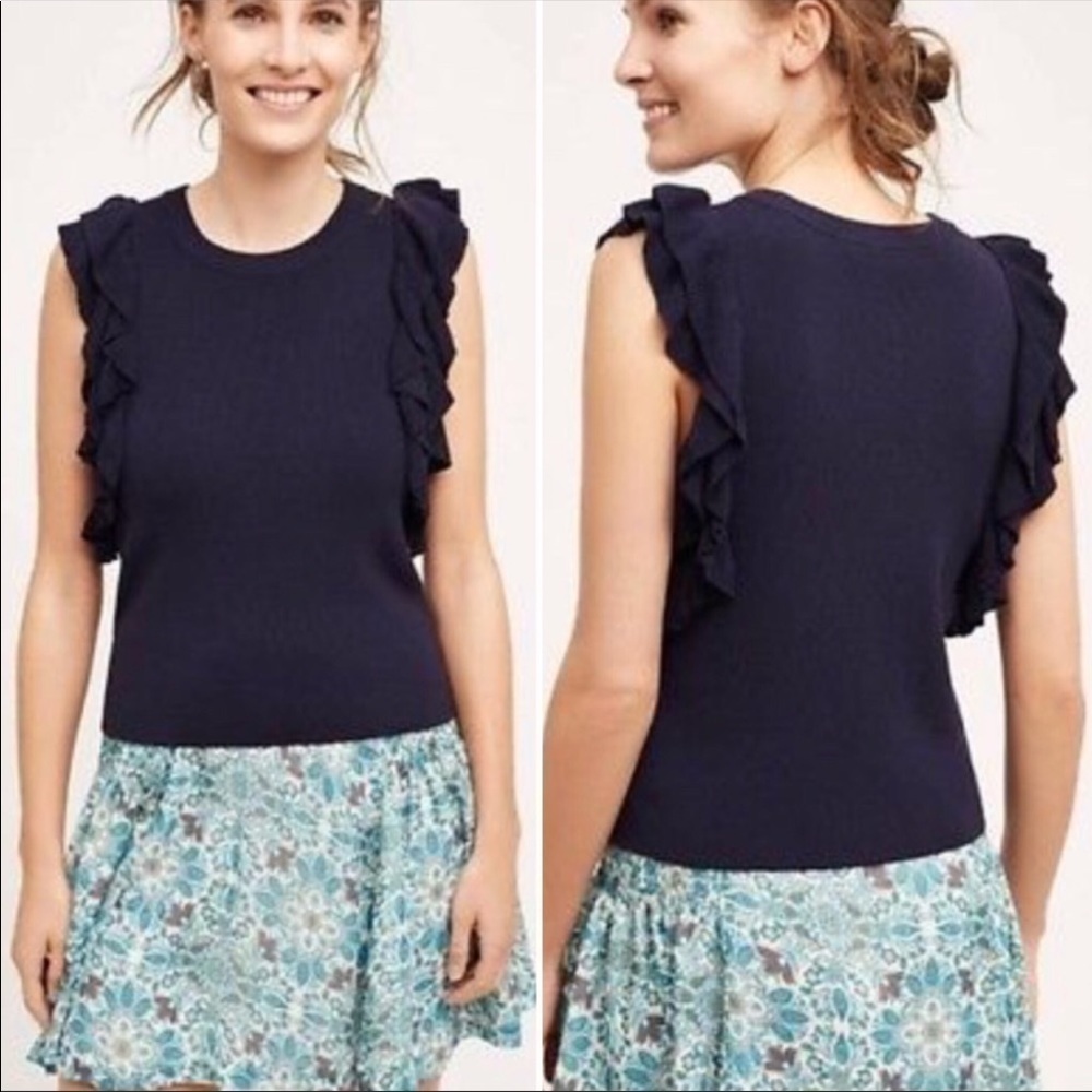 Knitted & Knotted Anthropologie Navy Ruffle Sleeve Knit Top L OB511231